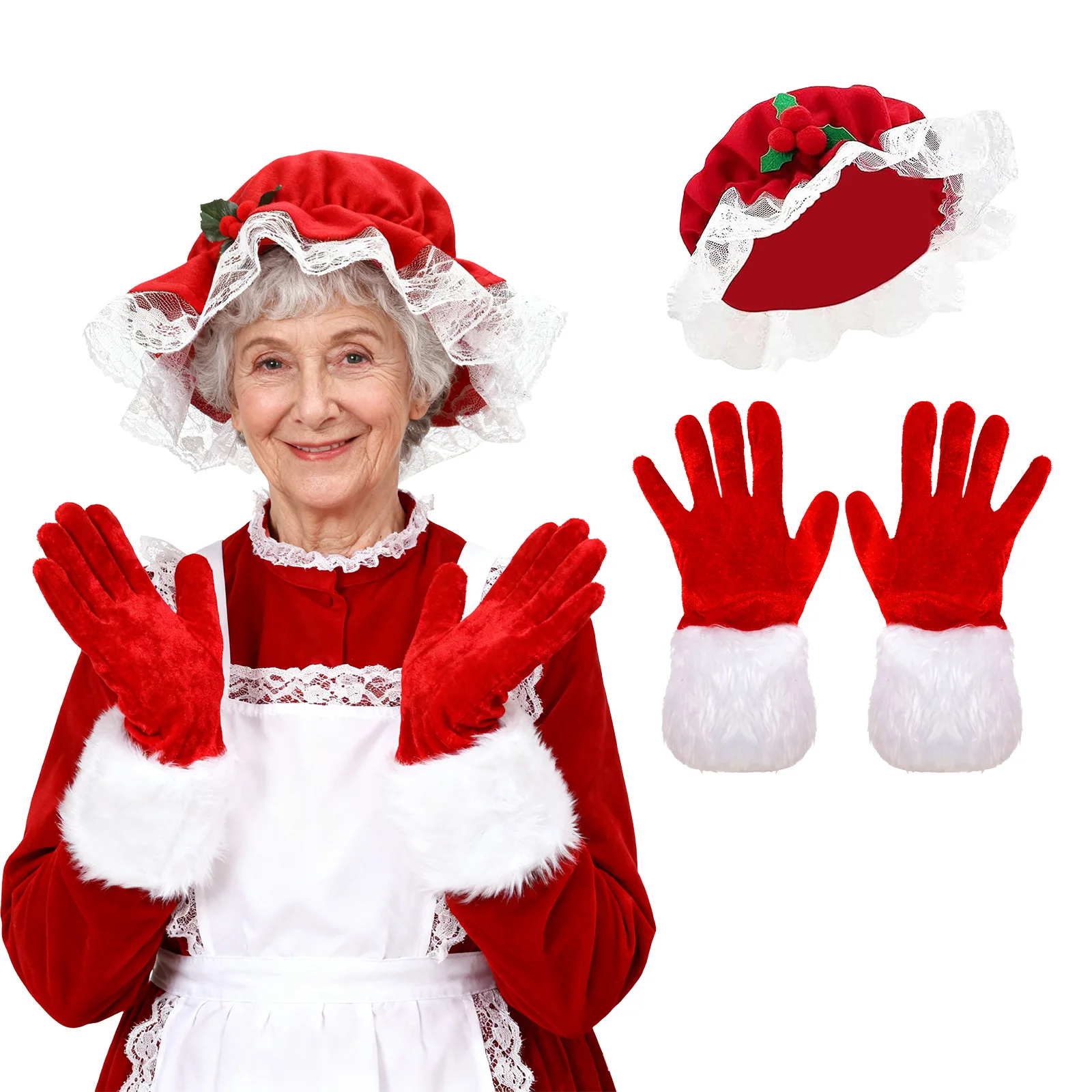 레이스 트림이 있는 미세스 클로스 의상 모자 크리스마스 산타 미세스 클로스 할머니 모브 캡과 장갑 코스프레 성인용 크리스마스 소품