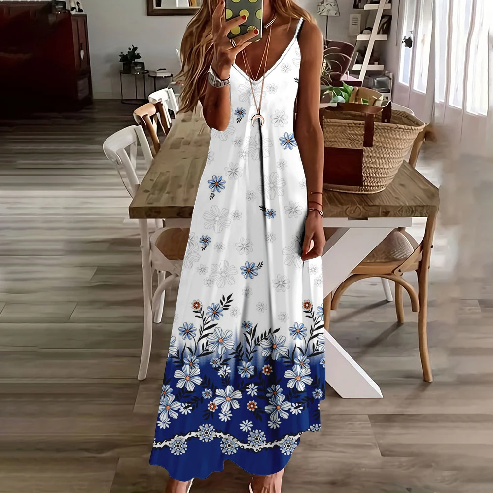 2024 Elegant Party Spaghetti Strap Dress Sexy Backless Beach Sundress Summer Women V-Neck Floral Printed Maxi Dresses Clothing