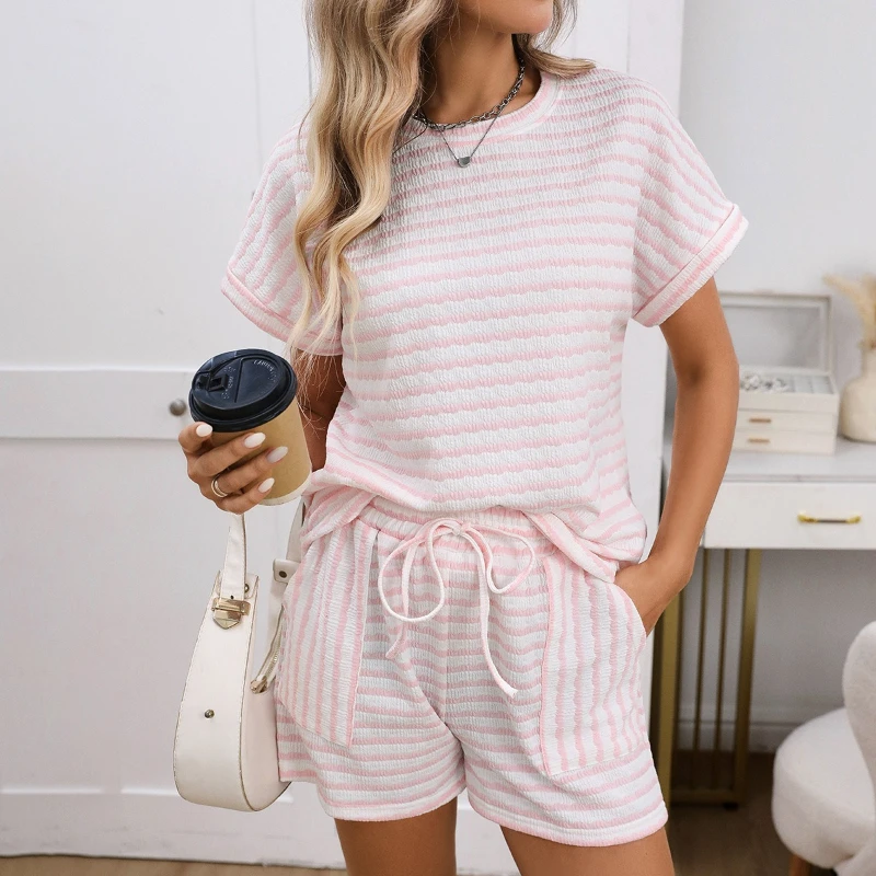 2026 Summer Round Neck Horizontal Stripe Pattern Pullover Short Sleeved and Drawstring Shorts Two-piece Set for Women
