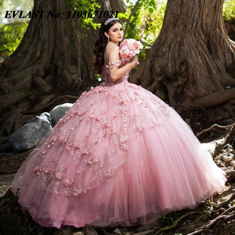 EVLAST Mexican Pink Quinceanera Dress Ball Gown 3D Floral Applique Beading Diamonds Corset Sweet 16 Vestidos De XV 15 Anos SQ146