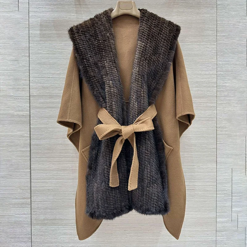 

High quality Women's medium-long cashmere spliced mink fur jacket with straps for winter clothing luxury woolen coat 251213136