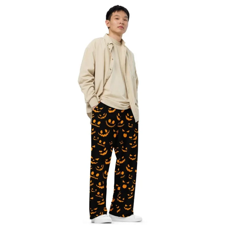 Halloween Pumpkin Head Full Print Sleepy Pants Male Female Black Bottom Orange Ghost Face Pumpkin Loose Straight Pants