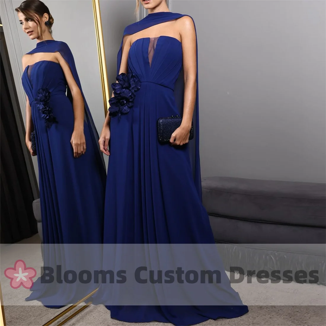 

Blooms Strapless Chiffon 3D Applique Evening Dresses 2024 A-line Cape Wedding Guest Formal Occasion Party Dress For Prom