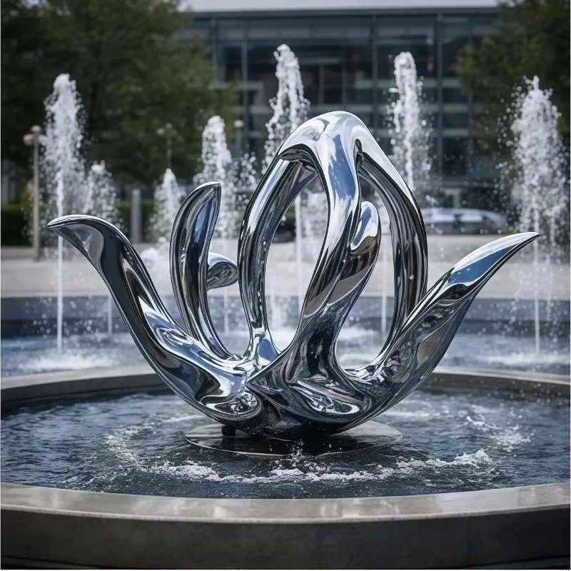 Intertwined Curved Petal Hollow Loop Mirror Metal Sculpture Outdoor Plaza Pool Large Landscape Seamless Integrated Art Ornament