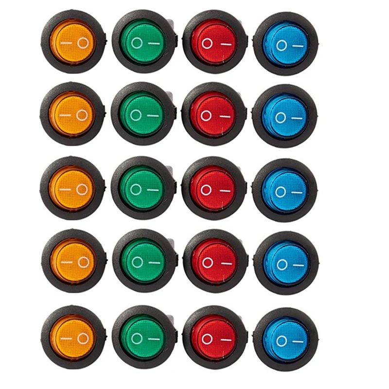 20 PCS Four Colors 12V 3Pins LED Rocker Toggle SPST Switch Dot Light Car Auto Round ON/OFF