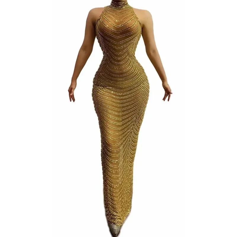 

Women Long Dress Photo Shoot Wear Sparkly Gold Rhinestones Sexy Mesh Transparent Sleeveless Prom Birthday Celebrate Party