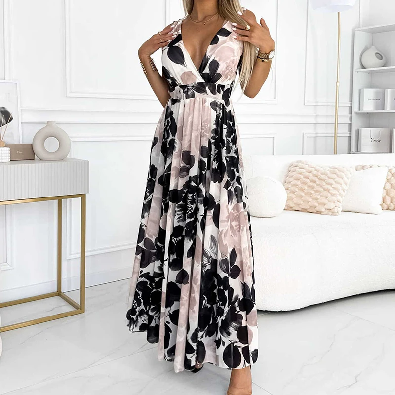 Frühling sexy Doppel-V-Ausschnitt hohl langes Kleid Frauen lässig Blumen druck Saum Maxi kleid Sommer ärmelloses rücken freies Boho Strand kleid