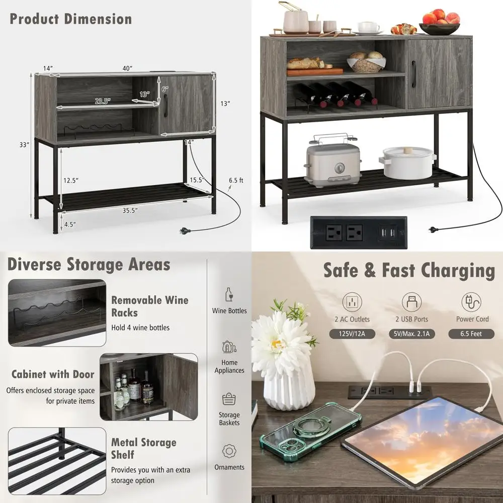 

Серо-черный кухонный сервант с розетками, USB-портами, винной полкой и полками для гостиной и прихожей