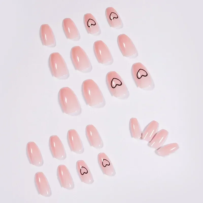 24Pcs/Box Fake Nails Press On  False nails  Ballerina Pink Color Design With Heart Pattern  Set   Nail Art