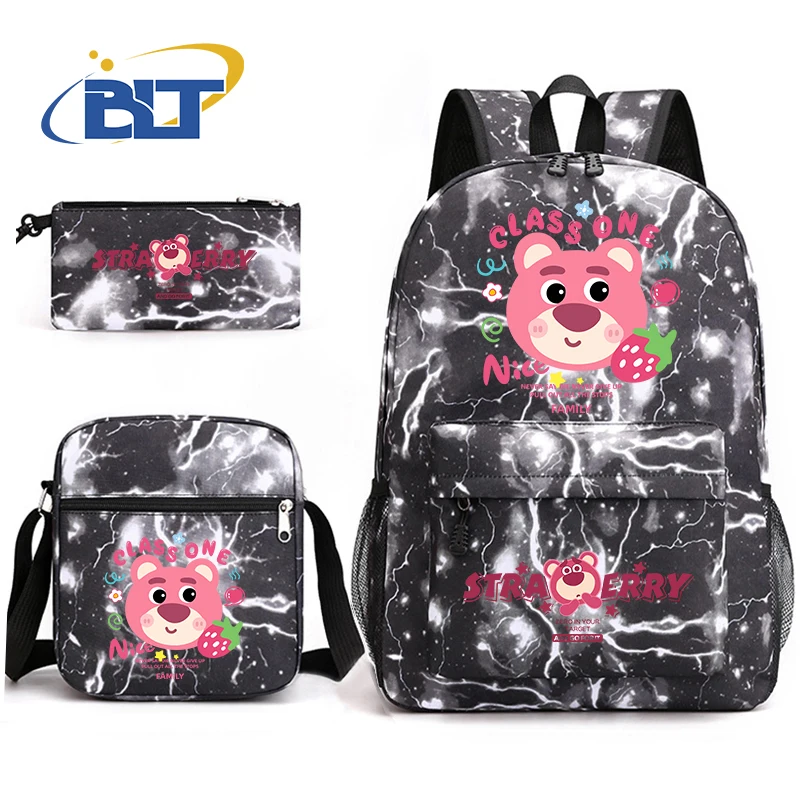 lotso bear printed backpack set student strawberry bear school bag shoulder bag pencil case 3-piece set kids gift