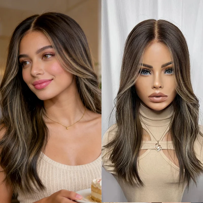 Dark Brown Highlights Ombre Balayage Synthetic Wig For Women Middle Part Realistic Body Wave Wig columbina cosplay Jewish Wig
