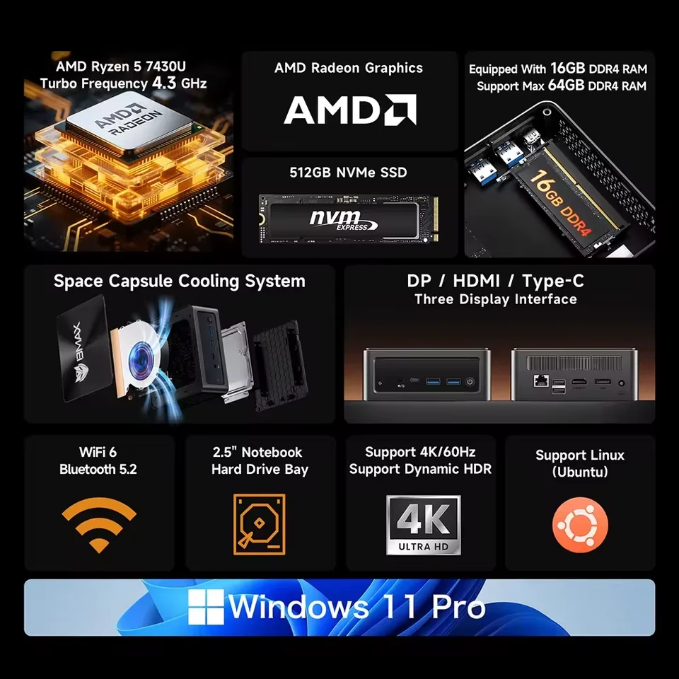 BMAX Mini PC B7 A Pro 16GB DDR4 RAM 512GB ROM AMD Ryzen 5 7430U Windows 11 Wi-Fi 6 يدعم 4K @ 60 هرتز