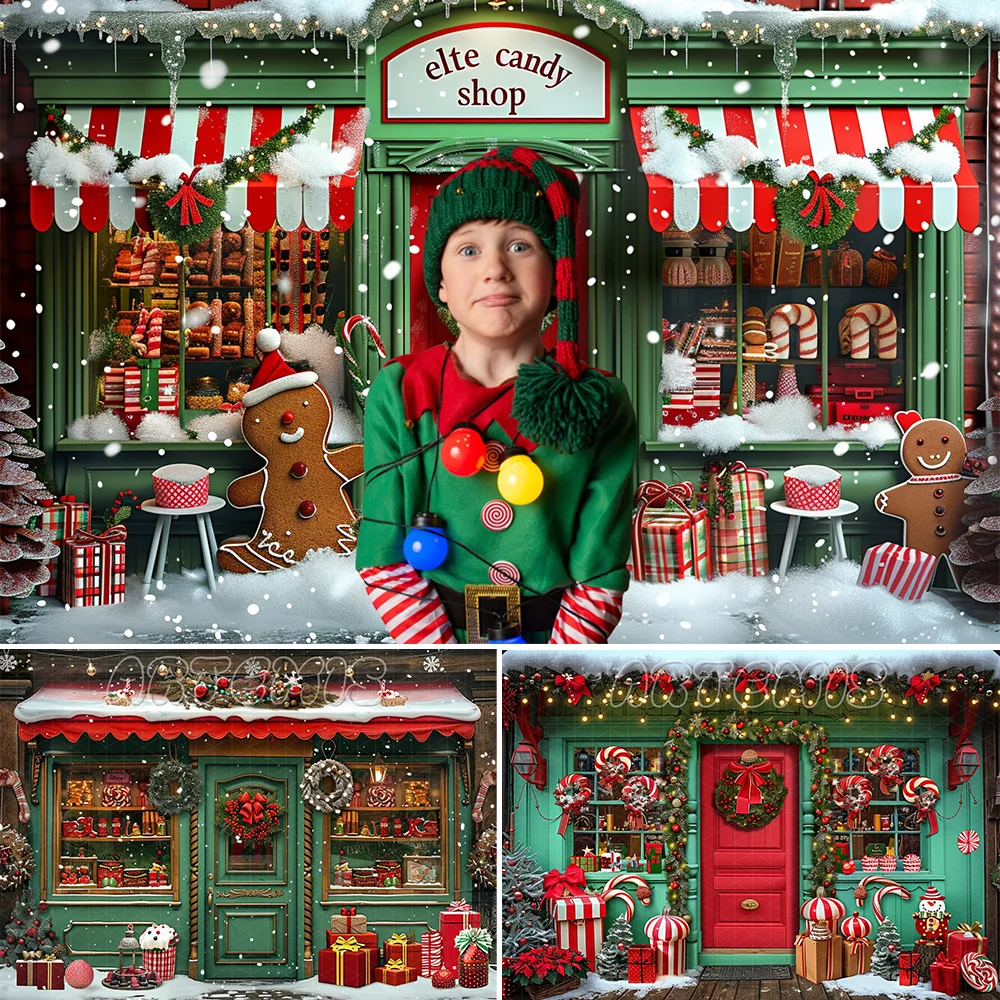 Christmas Candy Store Backdrop Christmas Candy Gingerbread Cookie Striped Awning Wreath Decor Background Photo Studio Photocall