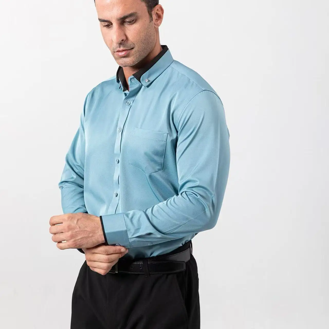 New Men's  Dress Shirt Long Sleeved Diamond Buckle Contrasting Collar Design Solid Color Elastic Slim Fashion Office Man Clothes