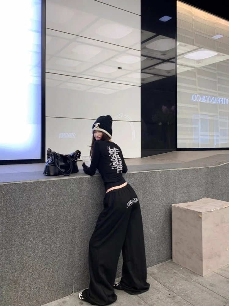 

Bla Long Sve T-irt Casual Sportswear Set for Women Early Spring Slim Fit Wide Leg Pants Two Piece Set round Ne Elastic