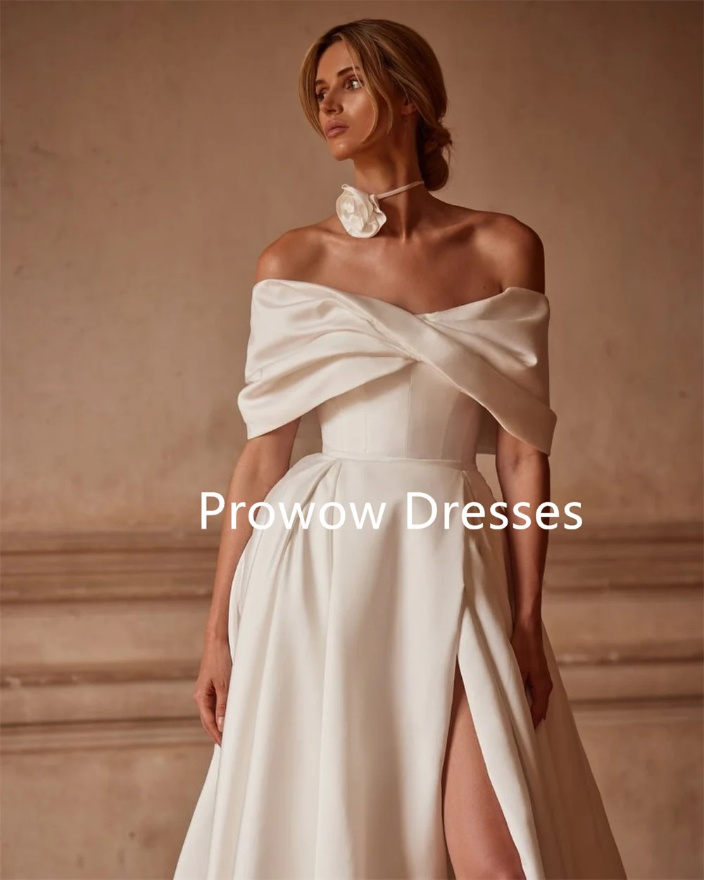 Prowow Off Shoulder Bow A Line Wedding Dresses Floor Length Pleats Bride Gowns Side Slit Sweep Train Flowers Customized