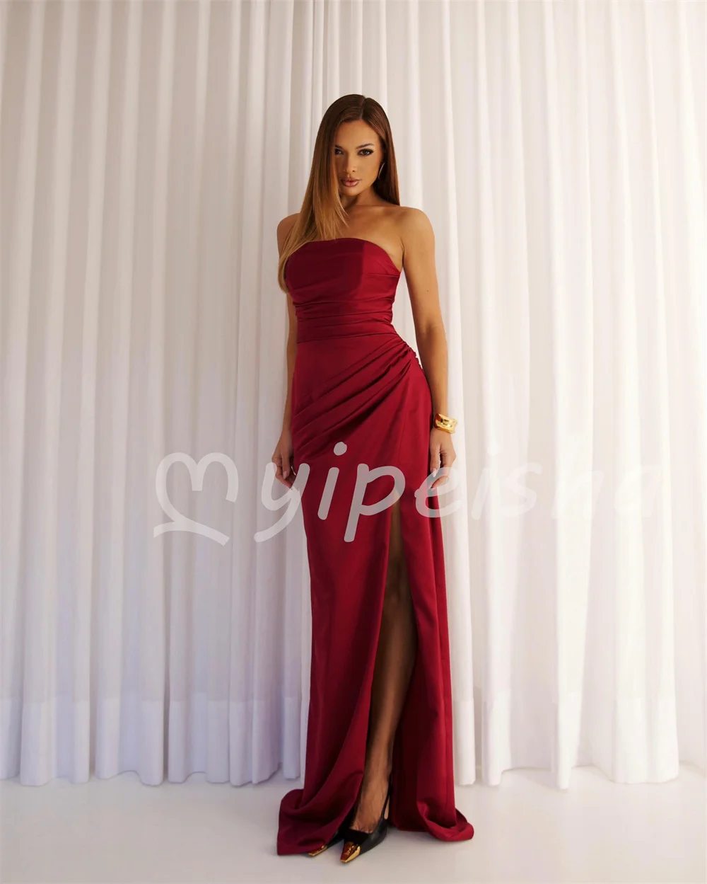 Red Matching Sizes Available Charmeuse Pleat Draped Mermaid Strapless Floor-Length Evening Dresses For Birthday Party Customized