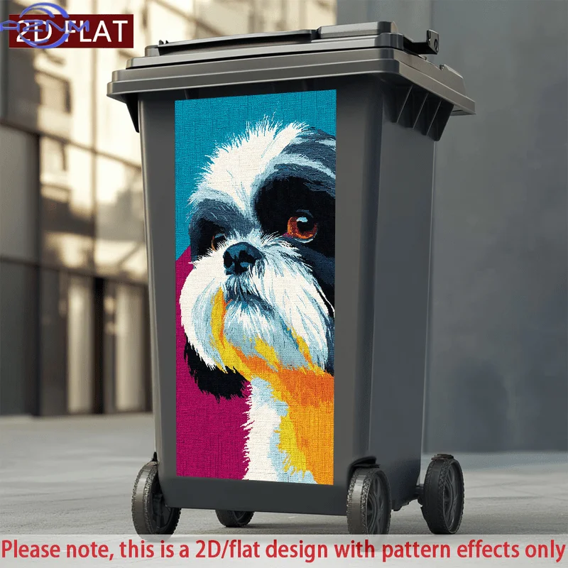 2D/FLAT-Colorful Shih Tzu Dog Art Trash Can Sticker Wall Sticker Self - Adhesive PVC Decor Sticker Waterproof Scratch - Resist