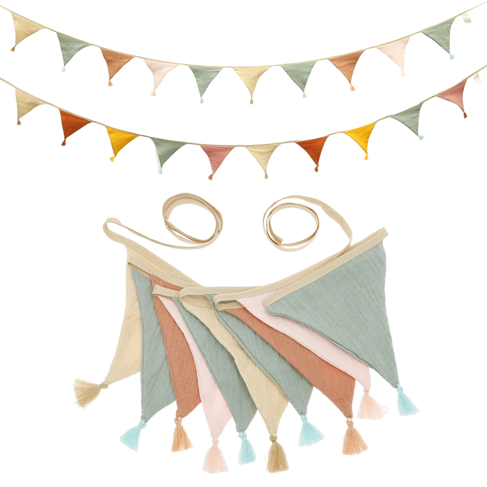 2Pcs 3.3M Fabric Bunting Banner Cotton Tassels Triangle Bunting Reusable Decorative Banner for Garden Party Nursery Room Accent