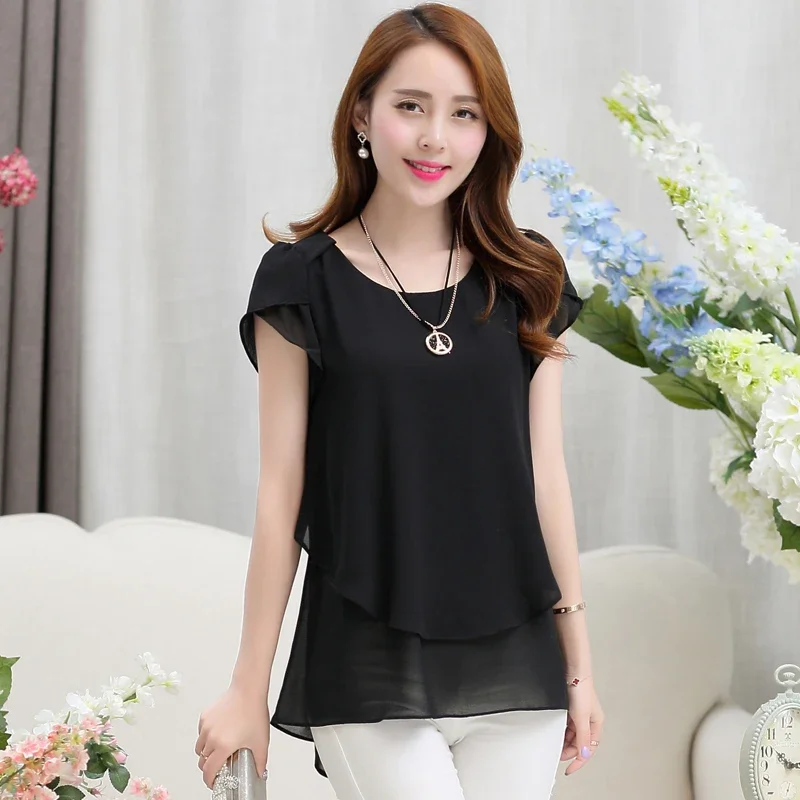 Damen Kurzarm Chiffon Bluse Schößchen Sommer Tops Damen Lange Büro Shirts Rüschen Bluse Femme 4XL 5XL
