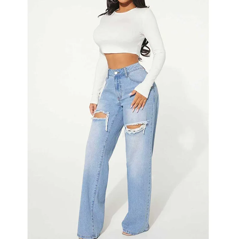

Female Ripped Designer High Waist Light Blue Jeans Girls Fashion Straight Leg Denim Trousers Women Slim Fit Thin Pants