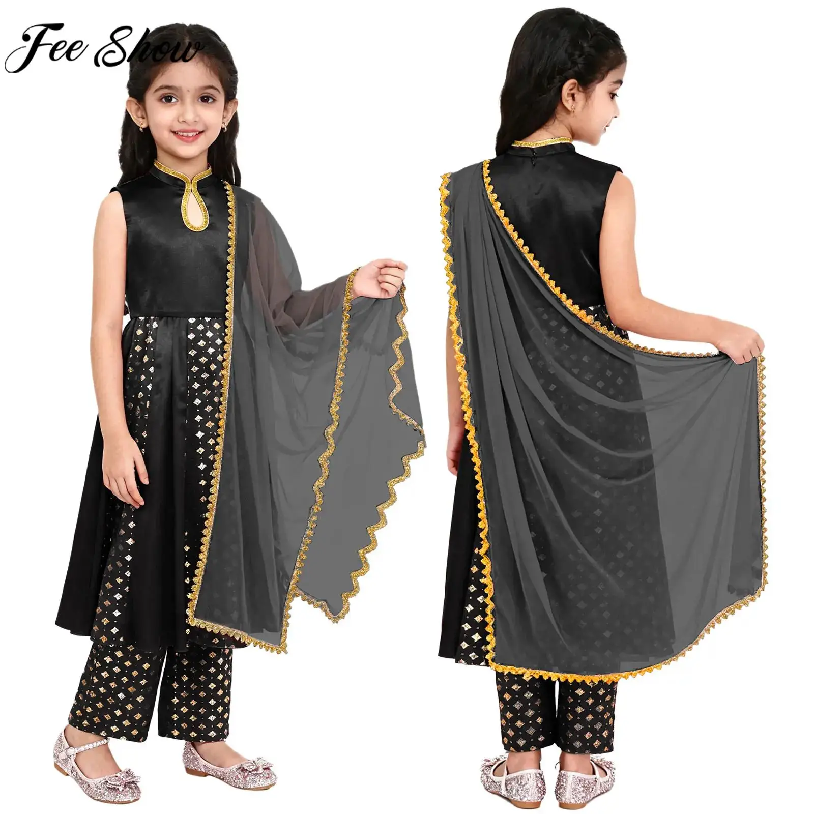 Children Girls Indian Traditional Ethnic Salwar Outfit Metallic Print Zipper Dress with Pants for Festival Halloween Theme Party