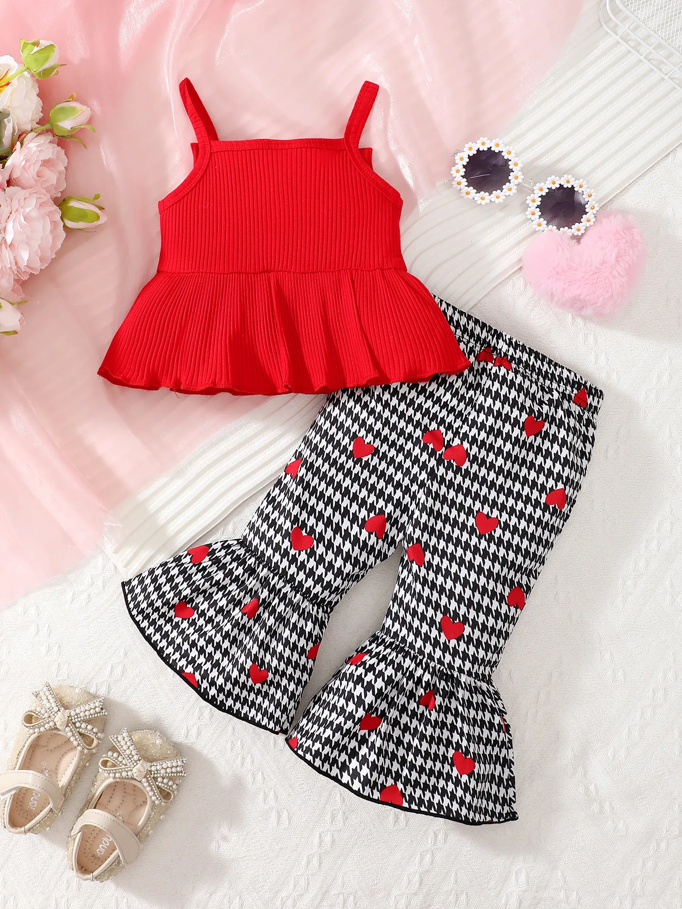 Newborn Girl Baby Summer Sleeveless Big Bow Solid Color Love Printed Pants Set 2 Pieces