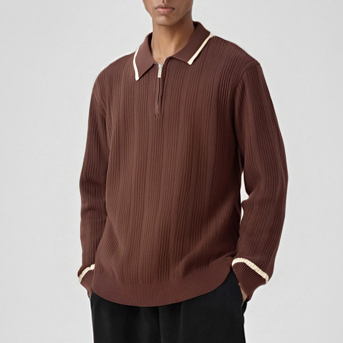 Man Sweater High Quality New Men's Retro Knit Sweater Contrast Color Lapel Collar Comfortable Men's Knitted Pullover