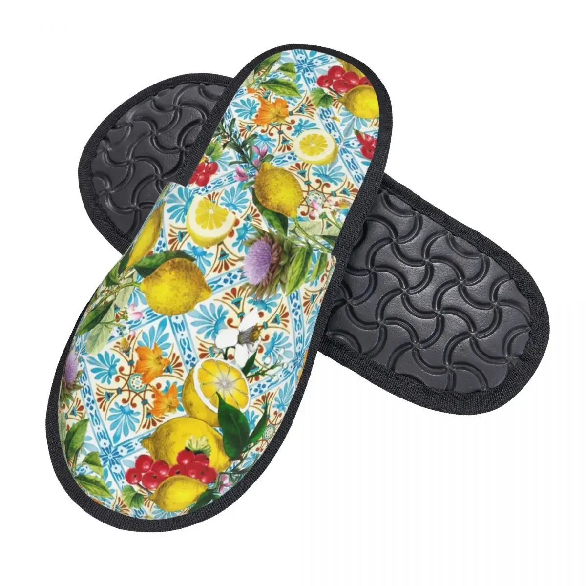 Sicilian Lemons And Romantic Tiles House Slippers Women Soft Memory Foam Citrus Fruit Painting Slip On Spa Slipper Shoes