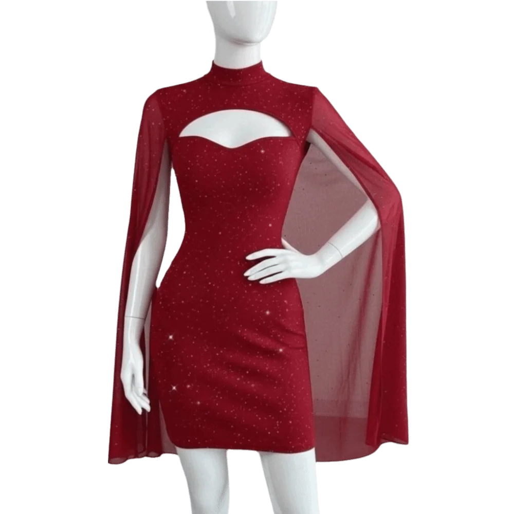 

Fashion Sparkling Chiffon Cape Red Dress A-line Hollow Out Women Glitter Party Dress Half Neck Skirt Slim Evening Dress Vacation