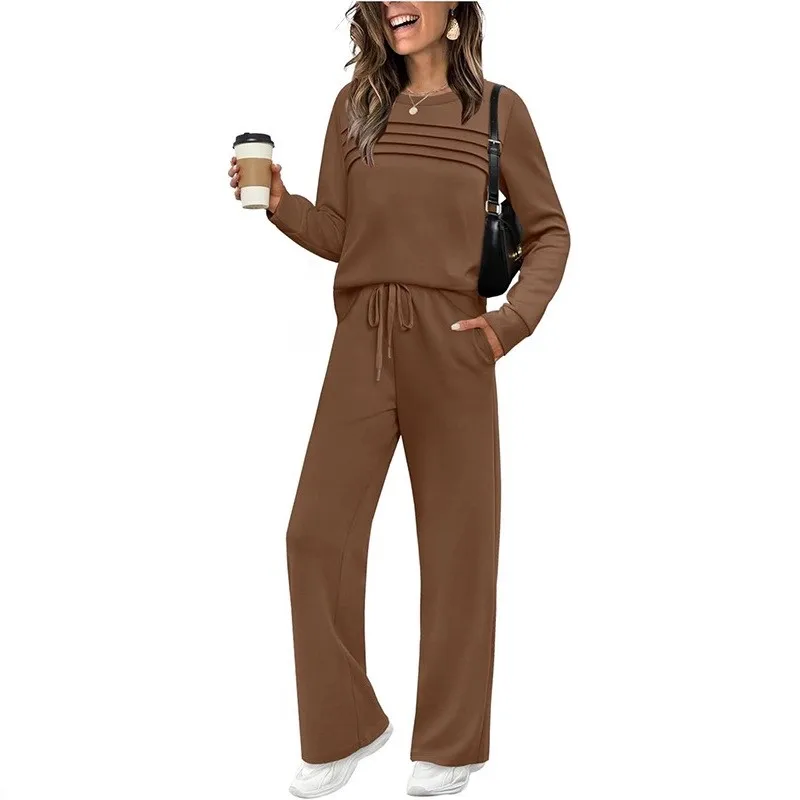 Conjuntos de duas peças femininas novo outono terno de manga longa o pescoço superior casual calças de cintura elástica calças de perna larga terno roupas femininas