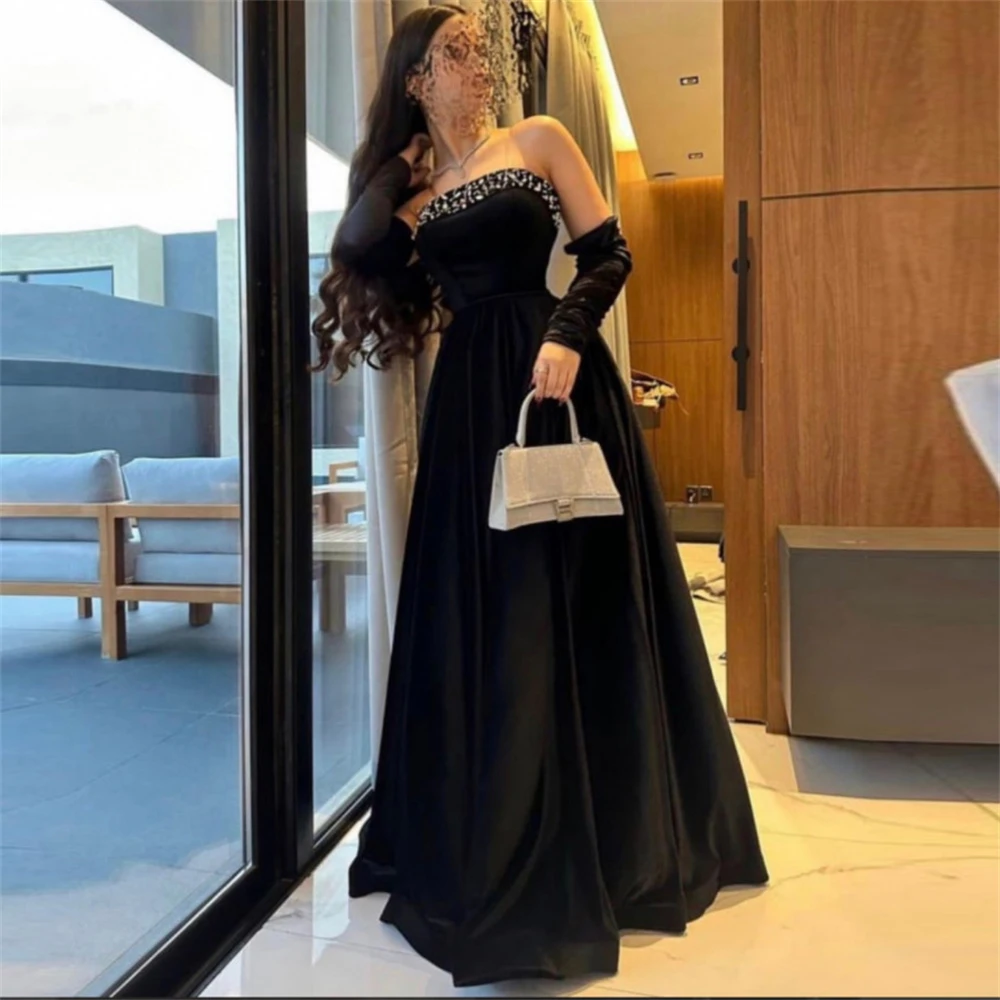 Fashion Black Strapless A-Line Beading Velour Formal Occasion Prom Dresses Floor-Length Women Evening Party Dress  فساتين السهرة