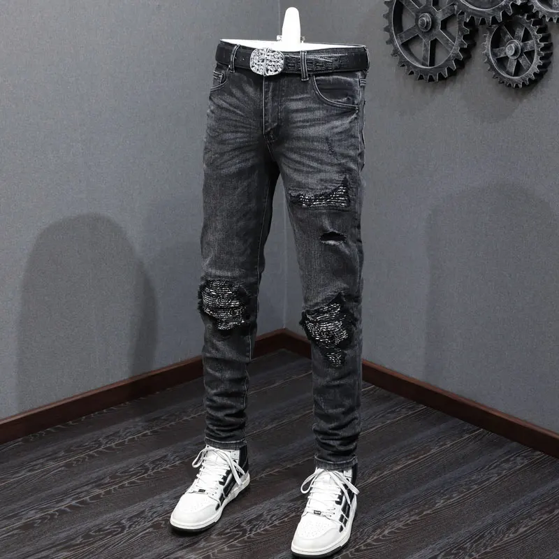 

Designer High Street Fashion Jeans Stretch Slimming Washed Jeans Cashew Flower Patch Hip Hop Brand Black Pants Hombre