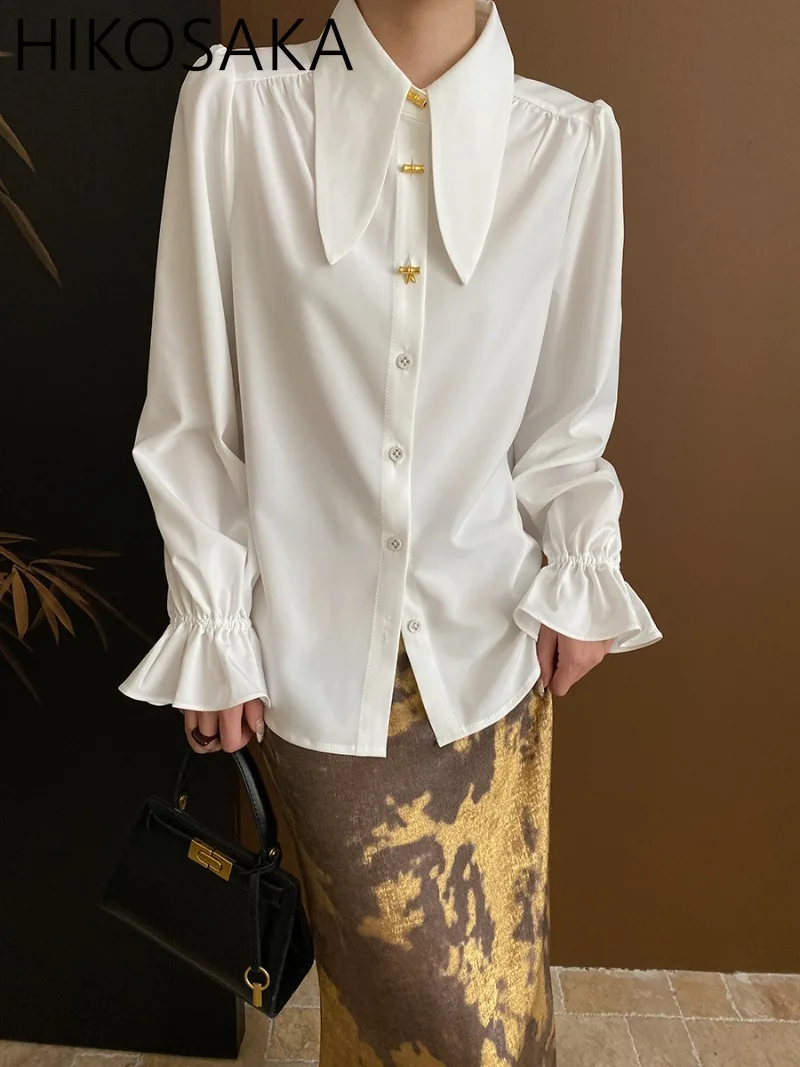 French Style Pointed Collar Bamboo Buckle Blouse Women Loose Casual Long Sleeve Shirts Solid All-match Spring Summer Blusas