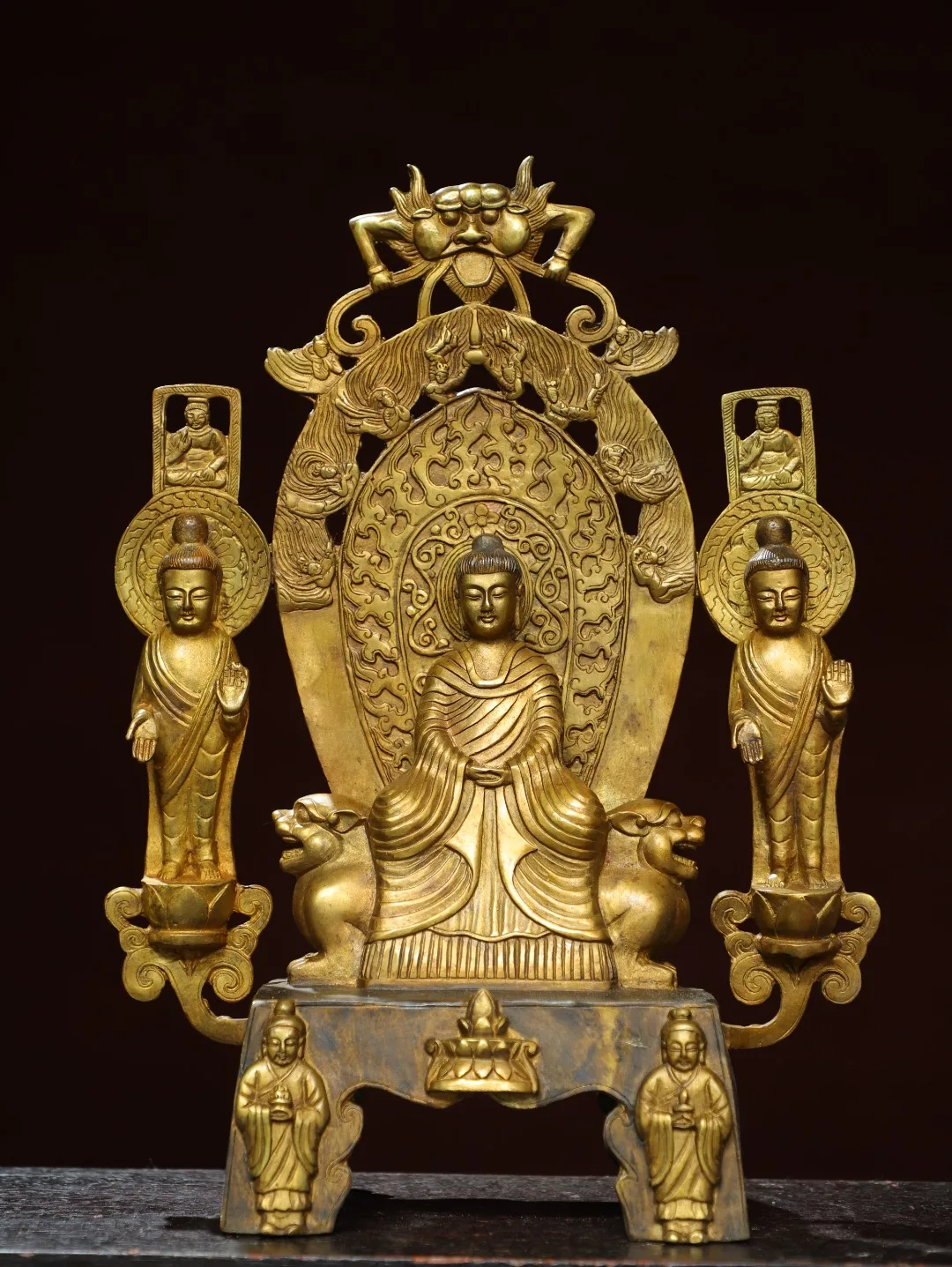 

15"Tibetan Temple Collection Old Bronze Gilded Cinnabar Mud gold Northern Wei Buddha Shakyamuni Sitting Buddha Worship Hall