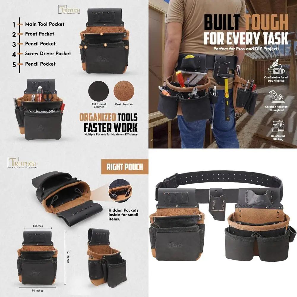 

Rugged Leather Tool Belt with Pouch for Carpenters, Drywall, and Electricians | Heavy-Duty Construction Gear for Men