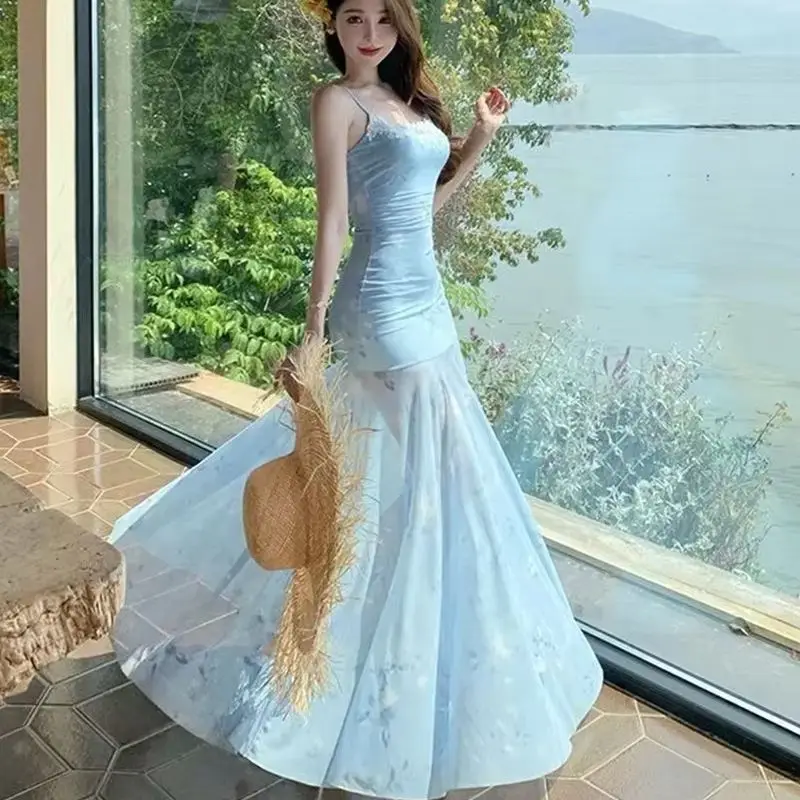 

Sexy Lace Square Neck Women's Long Dress Mesh Splicing Strap Backless Summer Vacation Elegant Fashion Y2k Sleeveless Long Dress
