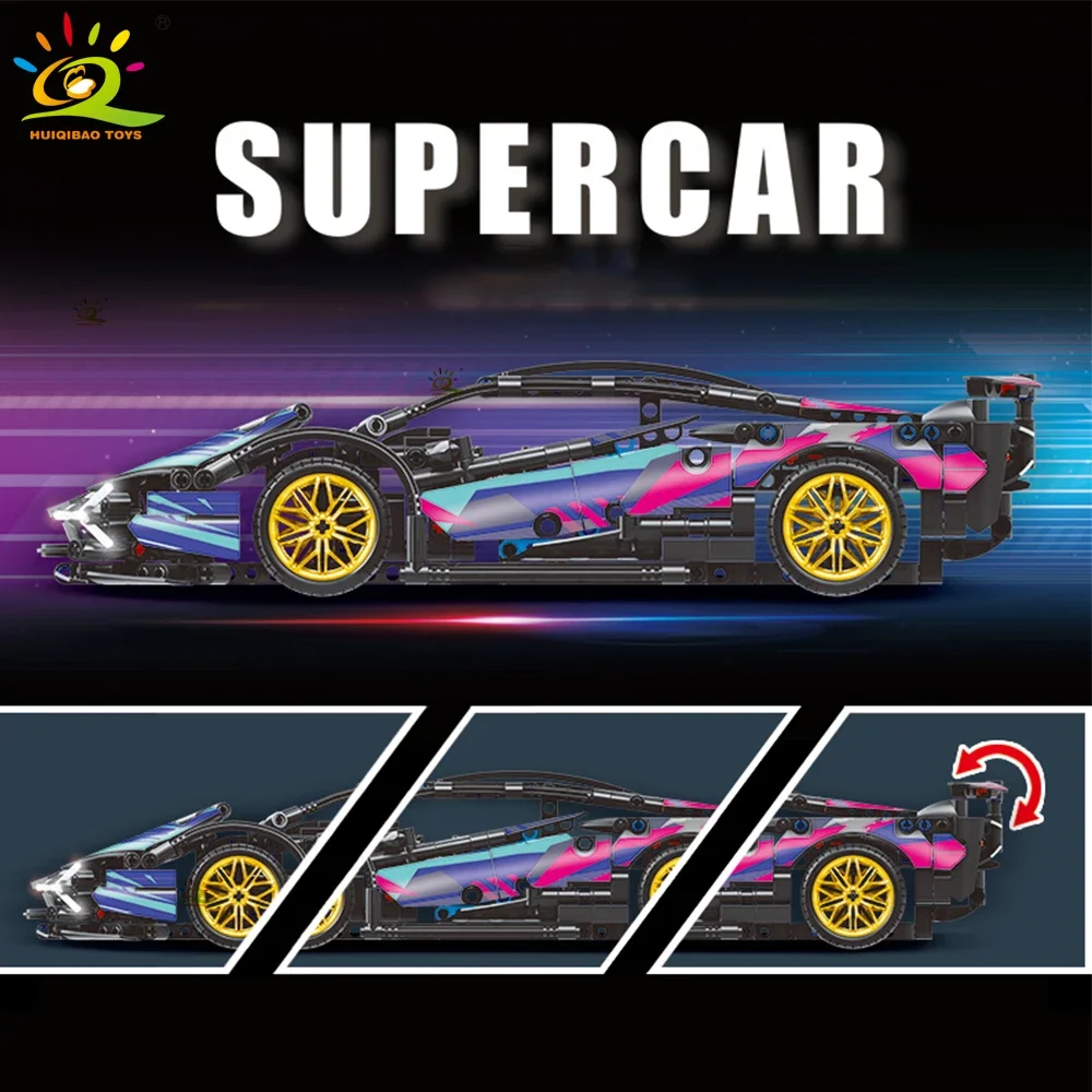 HUIQIBAO 1:14 Racing Car Technical Model Building Blocks MOC Led line Bricks Display box Children City Construction Toy Boy Game