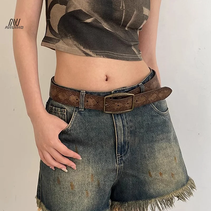 Druck Muster Retro Y2K Gürtel Für Frauen Luxus Schnalle Pin Taille Gürtel Weibliche PU Leder Hip Hop Mode Bund