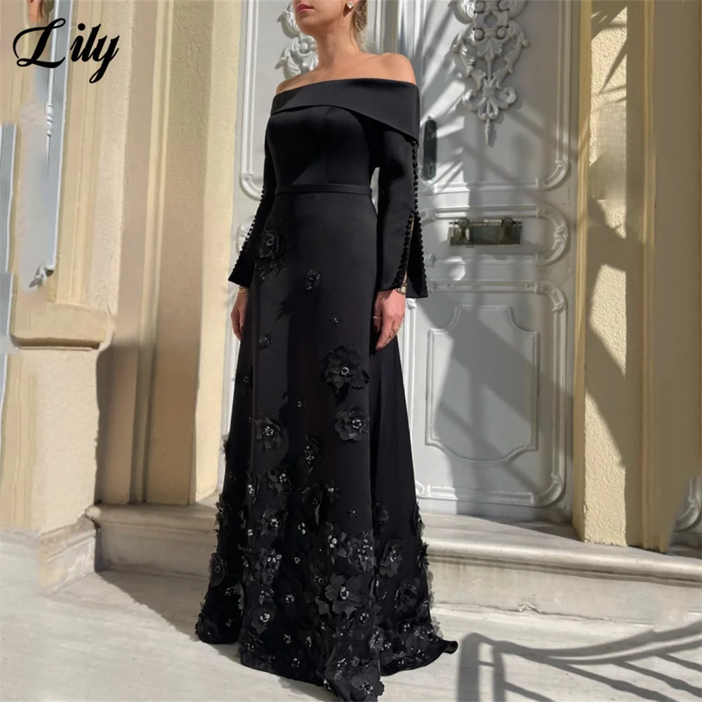 

Lily Black Formal Gown Off The Shoulder Evening Gown with 3D Floral Embellishments And Long Button - Detailed Sleeves Customized