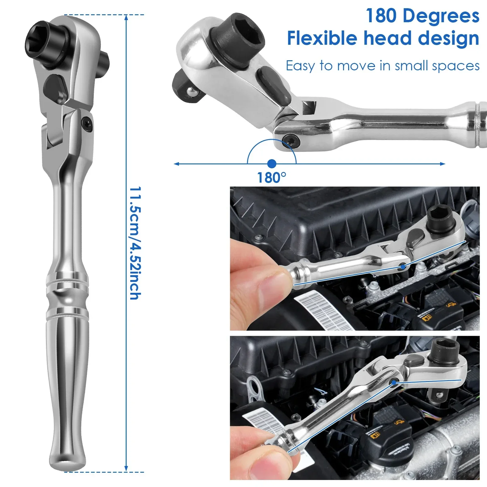 For 2-in-1 Multi-Purpose Resilient Head Handle 115 mm Overall Length Reversible Ratchet Wrench 1/4 Drive Chrome Vanadium Steel