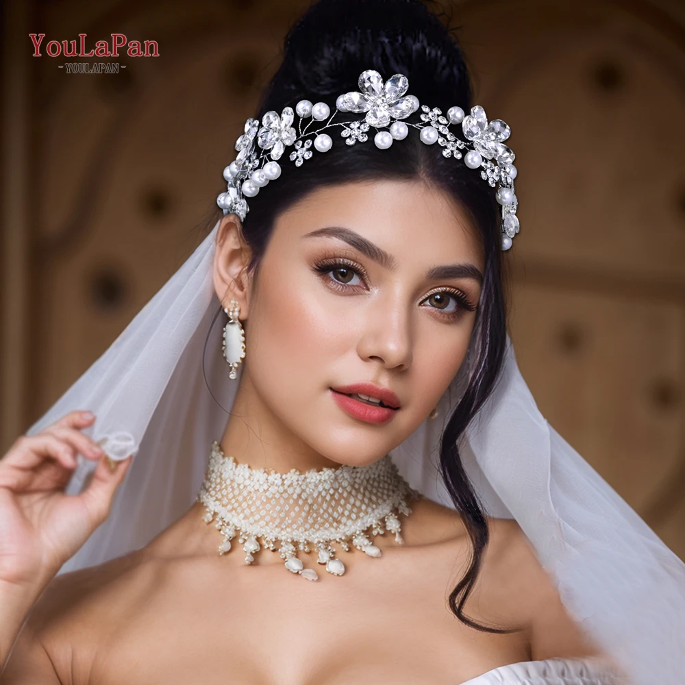 YouLaPan, diadema de novia con diamantes de imitación y perlas de Color plateado, Tiara, diadema para mujer, joyería para el cabello, accesorios para el cabello de boda HP789