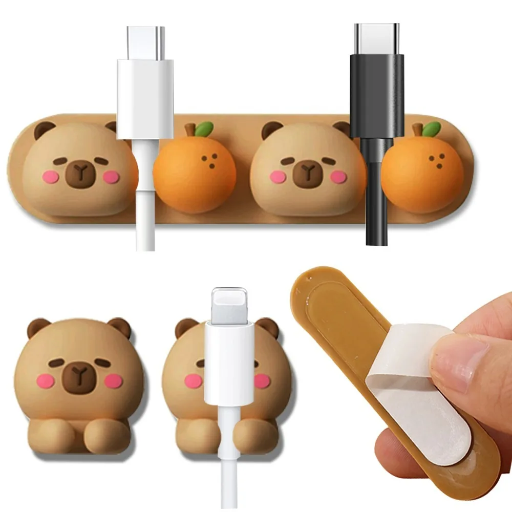 2Styles Portable Capybara Cable Organizer Punch-free Desktop Silicone Fixed Cable Winder Office Cartoon Charging Line Storage