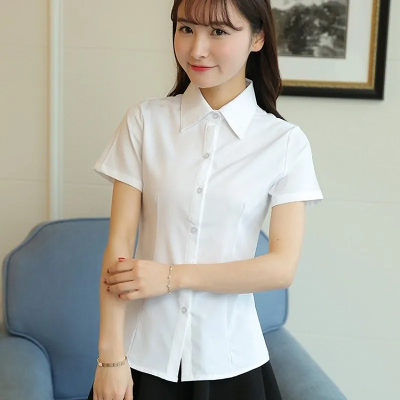 Korean Fashion White Shirt Women Autumn Short Sleeve Blouse Slim Office Lady Tops Women\'s Shirt S-5XL Student Shirt Women\'s Wear