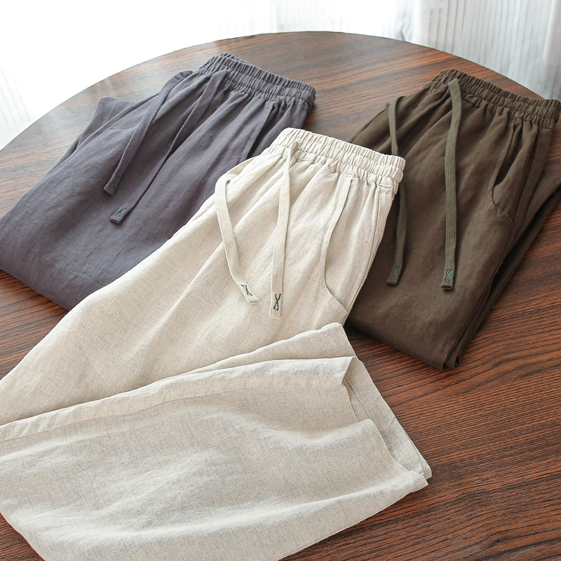 

Свободные удобные льняные брюки в стиле Харадзюку для мужчин, дышащие летние джинсы-карго, длинные брюки для активного отдыха для молодежи