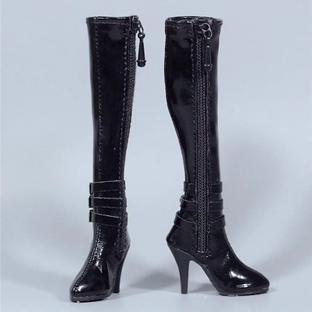 Botas de salto alto com zíper e fivela lateral, material PU, para bonecas de 12 polegadas, modelo feminino.