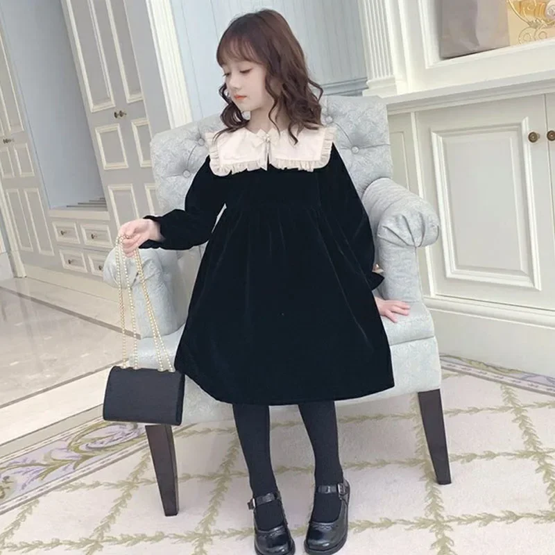 2024 New Teen Girls Winter Velvet Dress Elegant Fall Clothing Big Girl Black Dresses Autumn Baby Party Dress With Collar Lapel