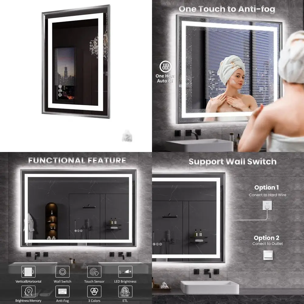 مرآة حمام مضيئة 24 × 36 بإطار من النيكل المصقول، مضادة للضباب، مقاومة للكسر، قابلة للتعتيم، 3 ألوان #1