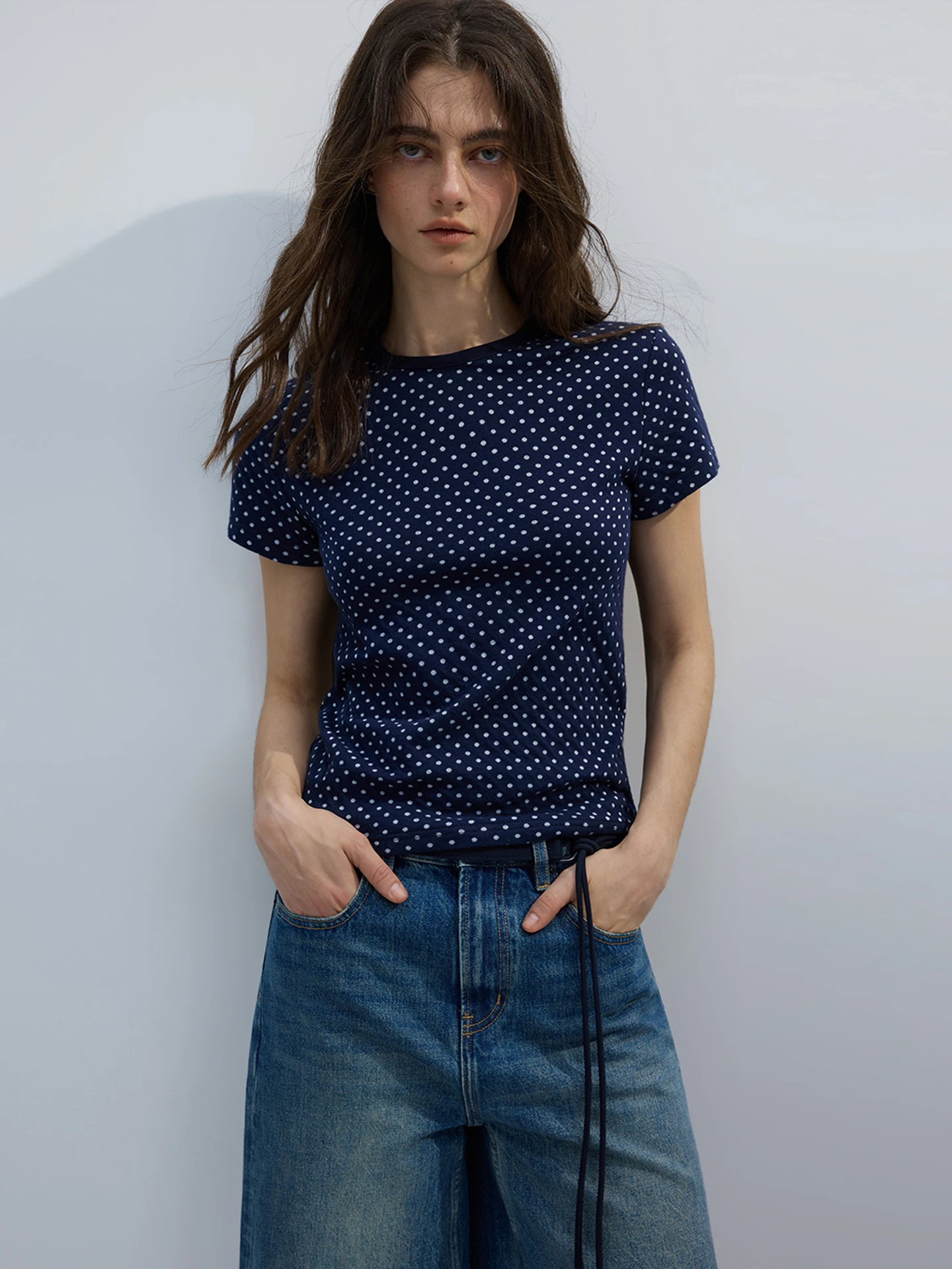 

LUR 2026 Spring Summer Vintage Retro Polka Dot Short Sleeve Women's T-shirt round Neck Slim Fit Basic Style Top Cotton Blend