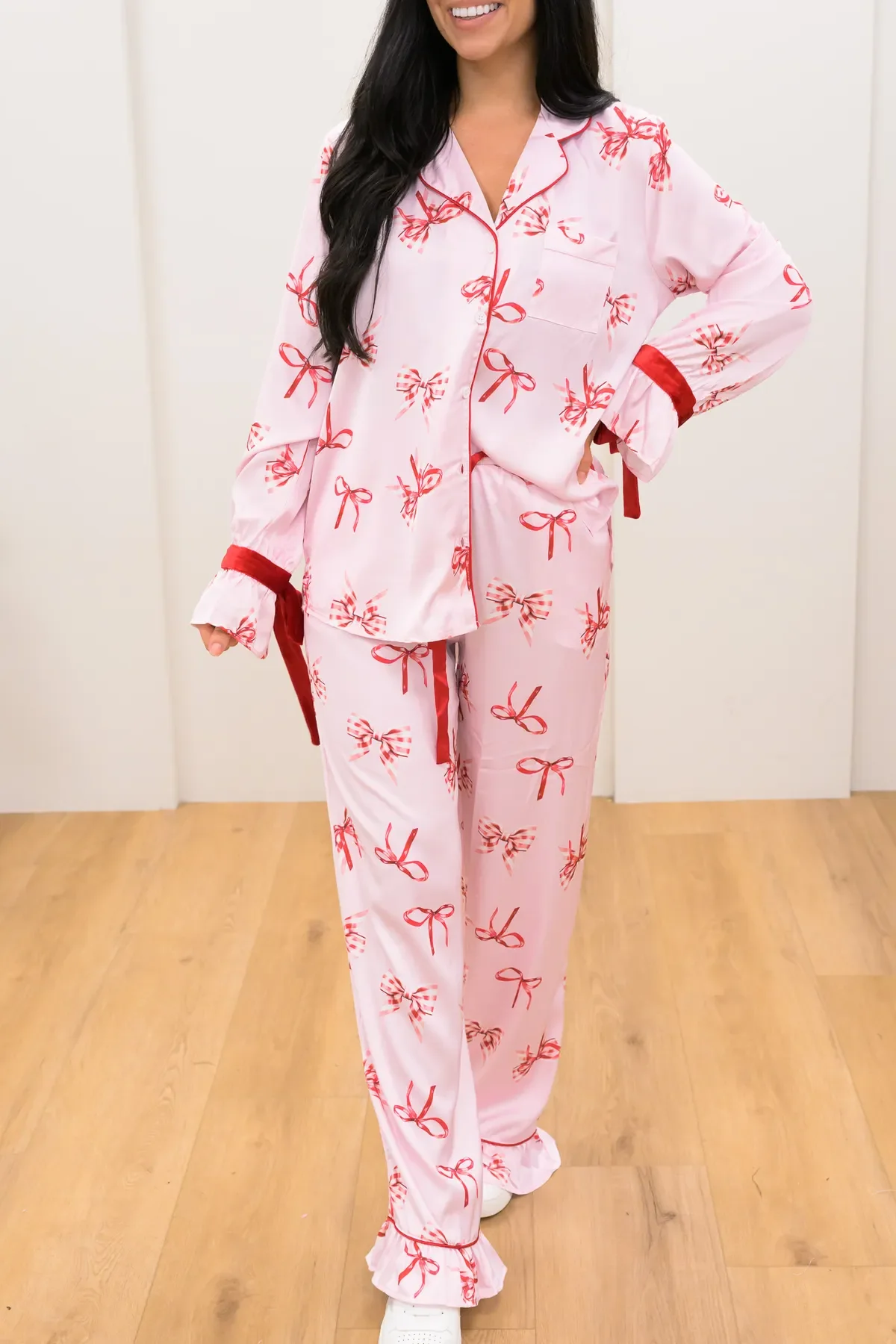 New Fashion Womens Spring Pajamas Set Bow Pattern Button Down Long Sleeve V-Neck Tops With Pants Lounge Wear 2 Pcs Set S M L